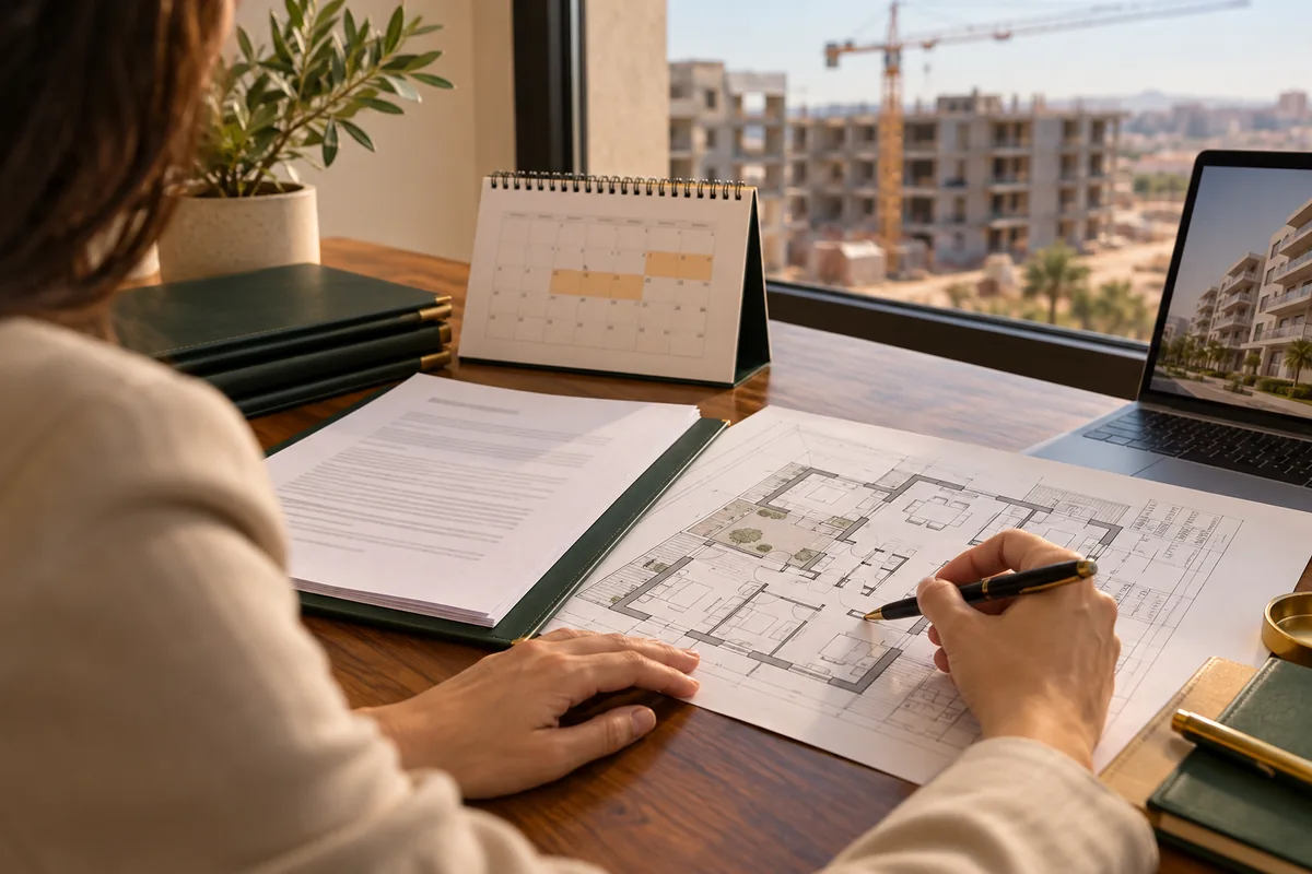Appartement non livré par un promoteur : calendrier de livraison, contrat de réservation et main vérifiant un plan