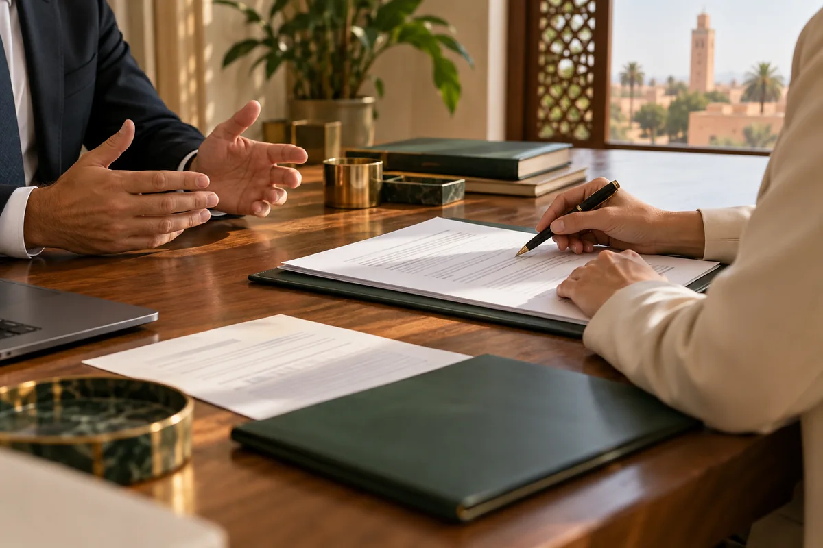 Contrats commerciaux et relations entre associés : table de négociation, contrat et deux interlocuteurs sans visage