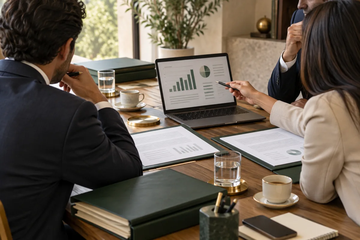 Contrats commerciaux et relations entre associés : dossiers d’entreprise, graphique abstrait et réunion entre associés