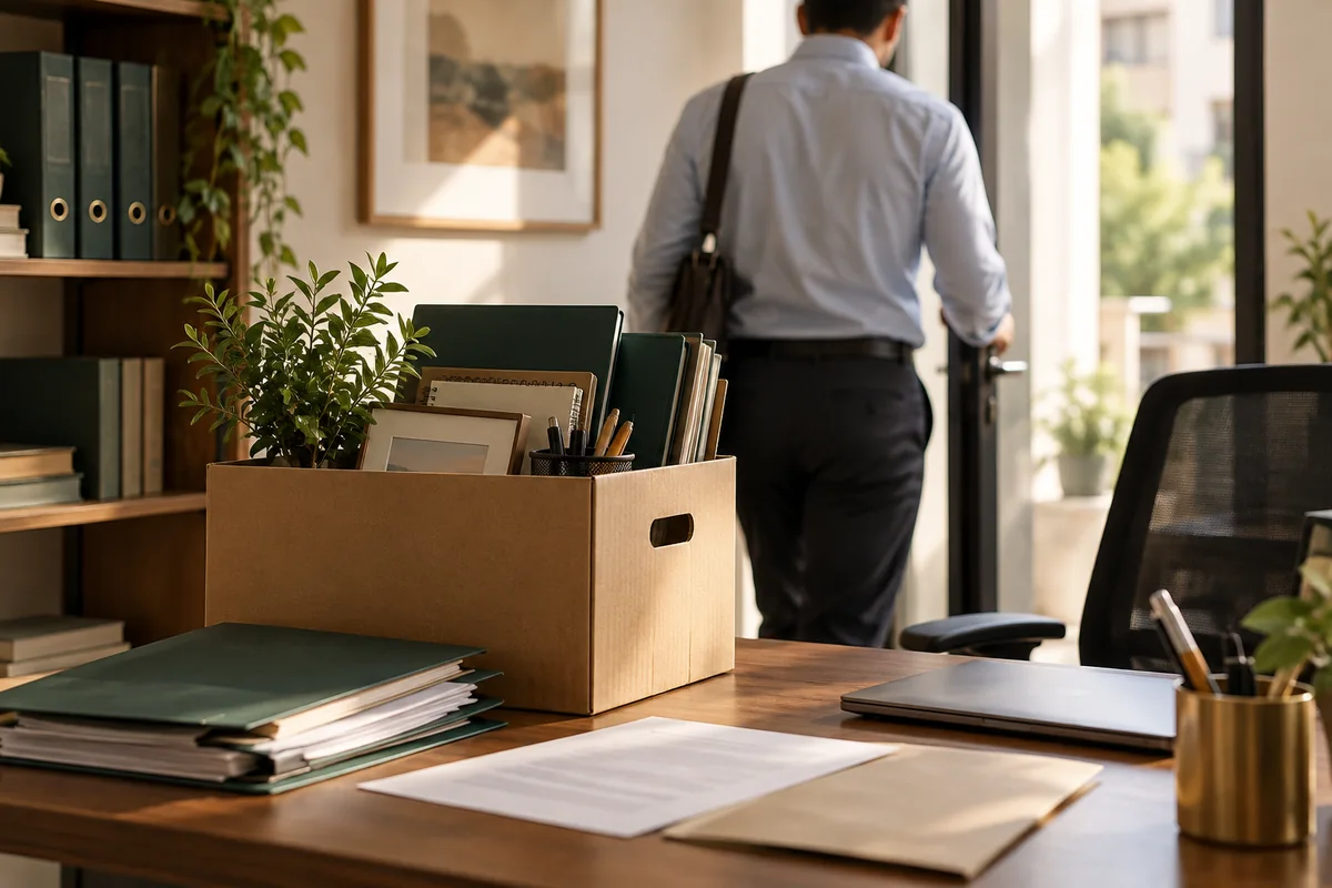 Licenciement, contrat et salaire impayé : bureau quitté, boîte de rangement et dossier de travail