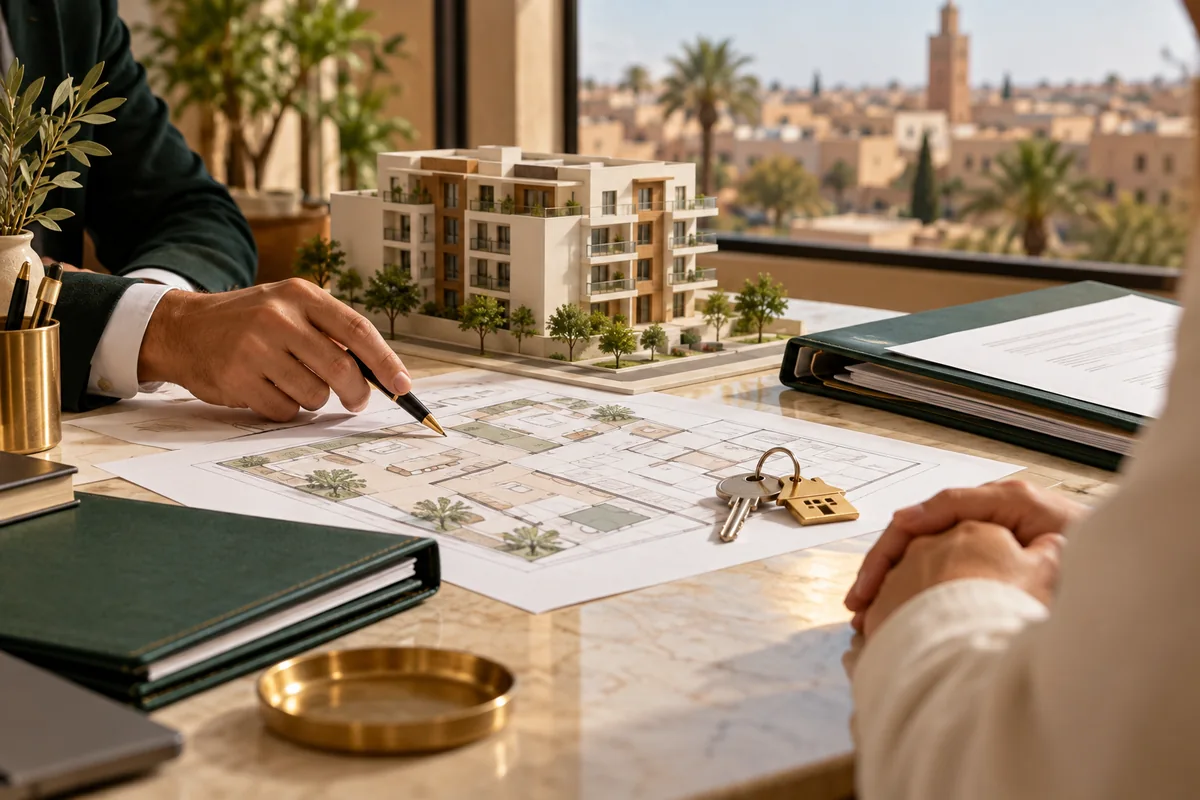 Propriété, achat immobilier, bail et litige foncier : maquette d’appartement et clés sur plan immobilier