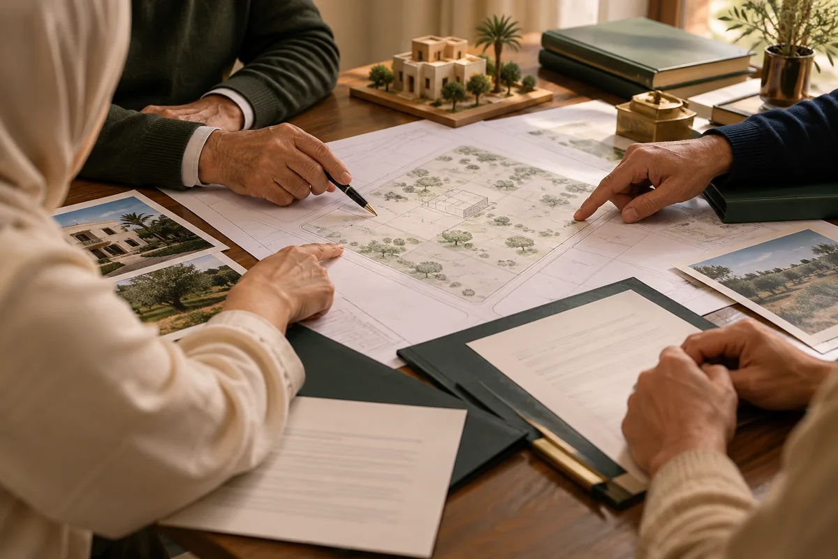 Héritage, indivision et partage : plusieurs mains autour du plan d’un bien familial, sans signature