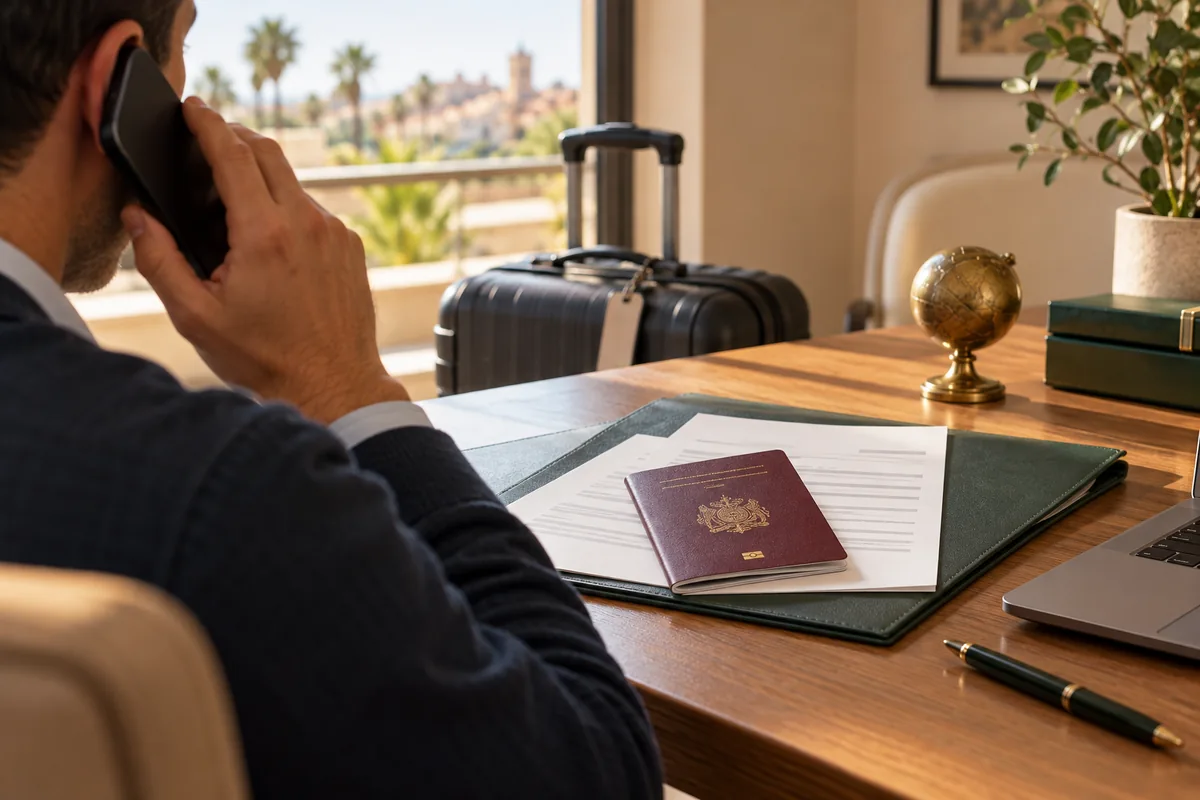 Assistance à un MRE interpellé : téléphone et dossier de voyage sur bureau sobre, atmosphère posée