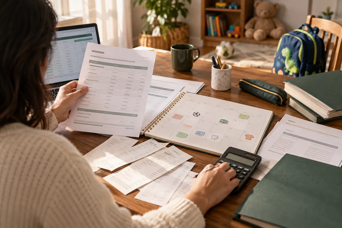 Pension alimentaire impayée et besoins d’un enfant : parent comparant relevés de paiements et calendrier de dépenses enfant