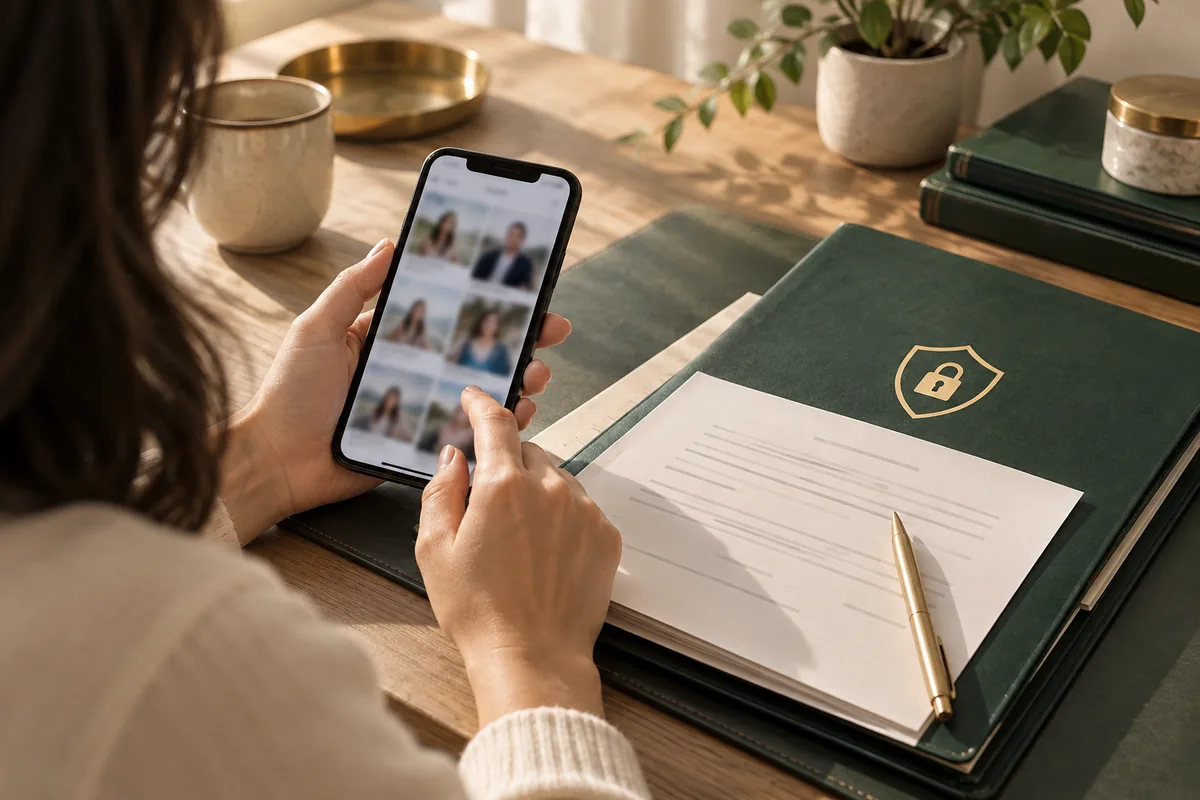 Vie privée, photos et publications en ligne : smartphone avec photo abstraite floutée et dossier de vie privée