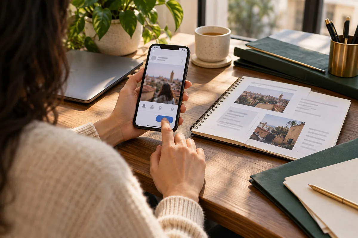 Vie privée, photos et publications en ligne : personne arrêtant son geste de publication, téléphone et carnet de preuves