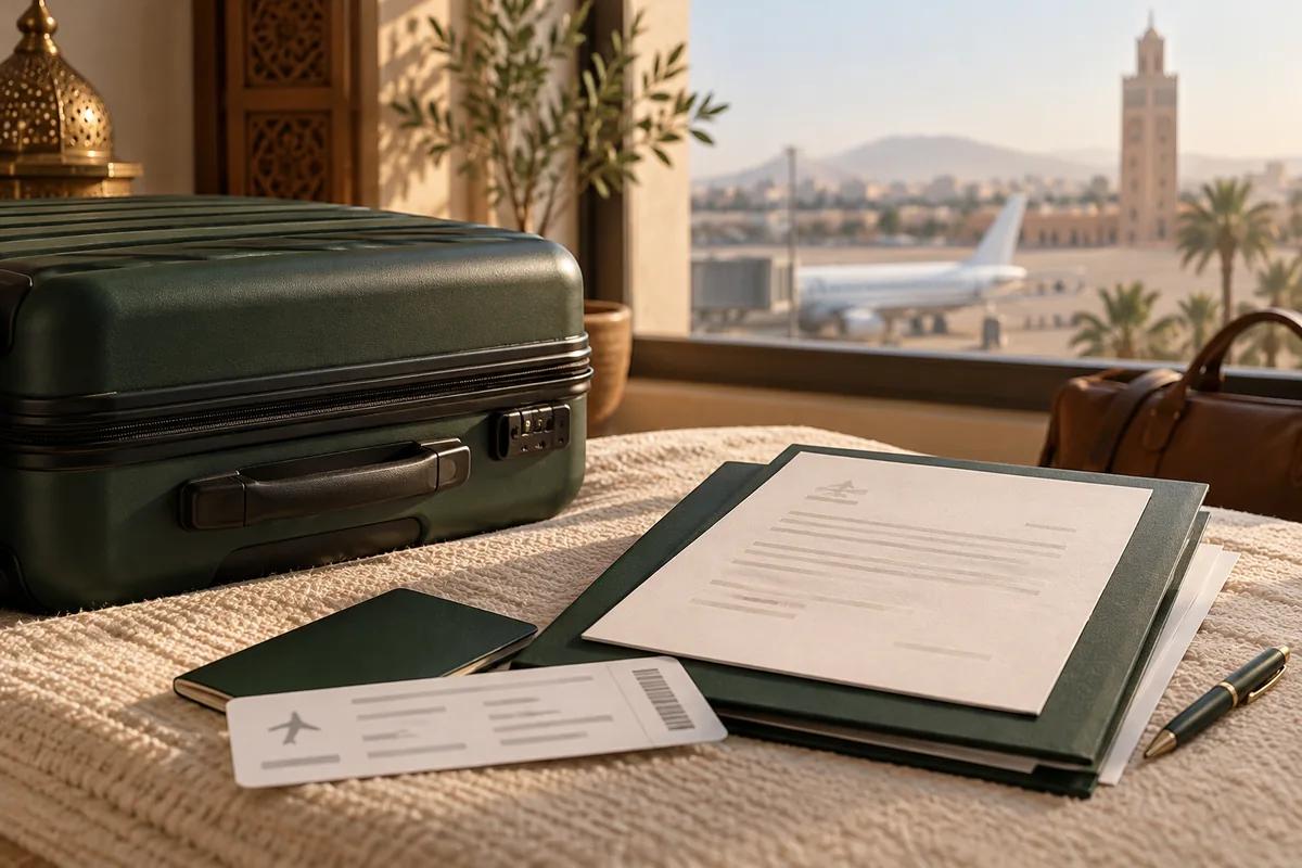 Plainte au Maroc et préparation d’un retour à l’étranger : valise fermée, billet abstrait et dossier de plainte