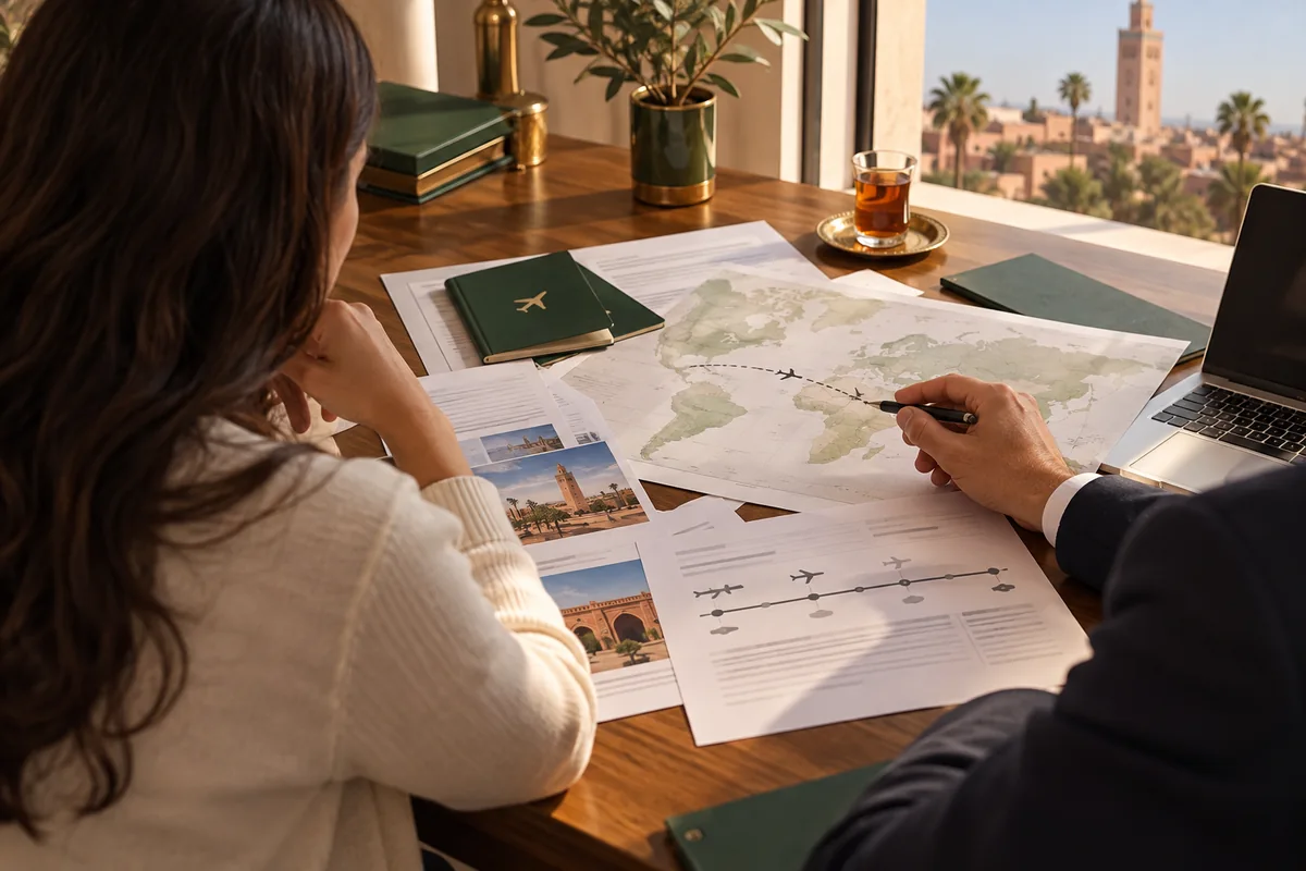 Plainte au Maroc et préparation d’un retour à l’étranger : personne de dos vérifiant sa chronologie de voyage avec un interlocuteur