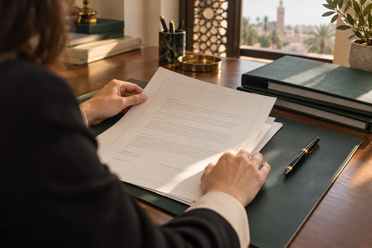 Procuration et pouvoirs avant signature : stylo posé à côté d’une procuration anonyme, main qui relit