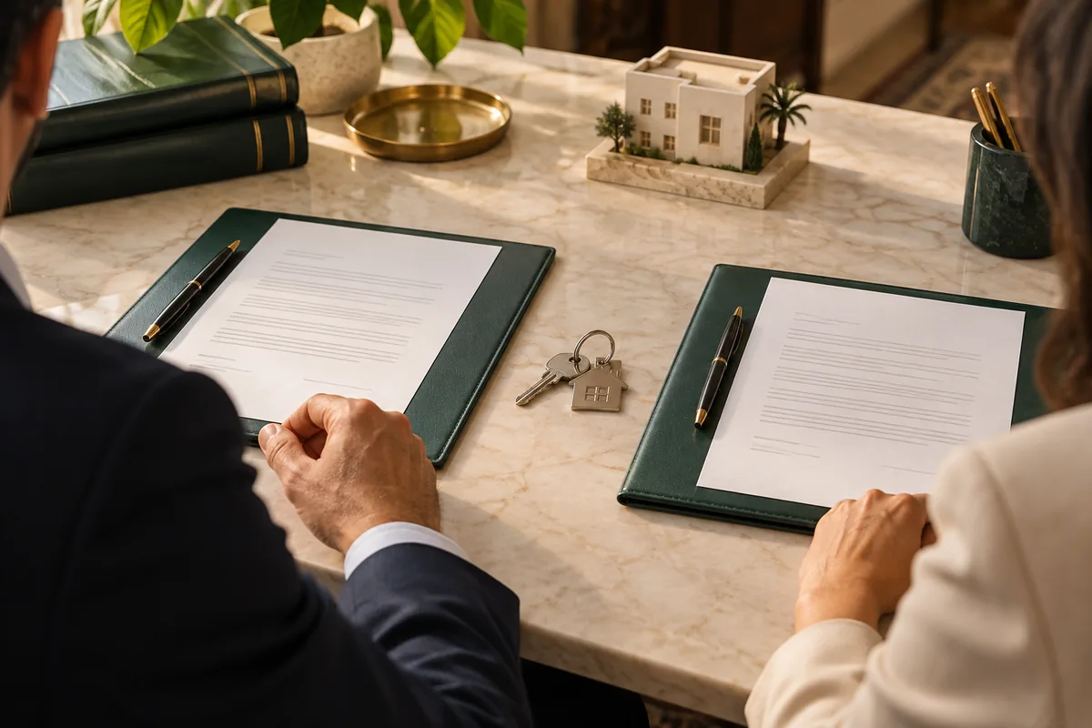 Procuration et pouvoirs avant signature : deux dossiers séparés représentant mandant et mandataire et clés