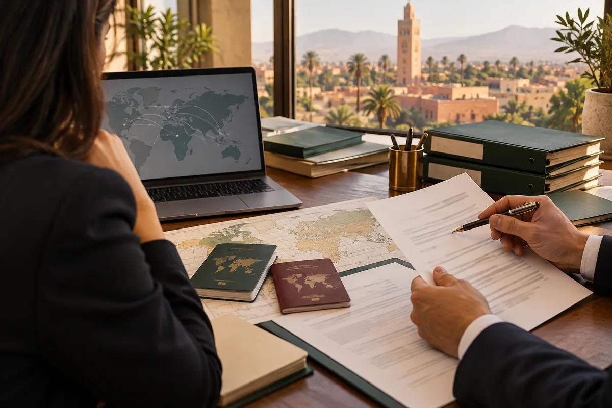 Recherche internationale et examen d’un dossier pénal au Maroc : documents de voyage et silhouettes de consultation, aucun fugitif ou arrestation réelle