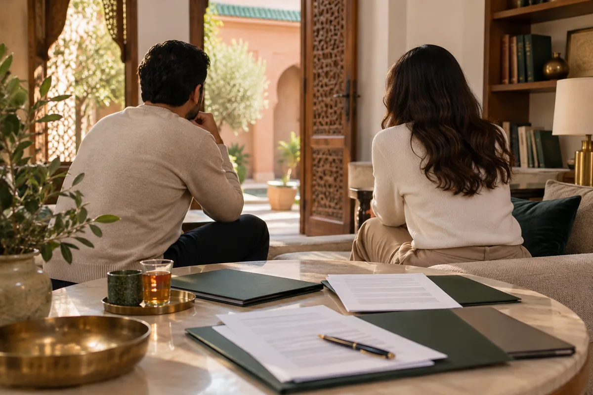 Vie privée et questions juridiques d’un couple au Maroc : deux adultes de dos à distance respectueuse dans un intérieur marocain